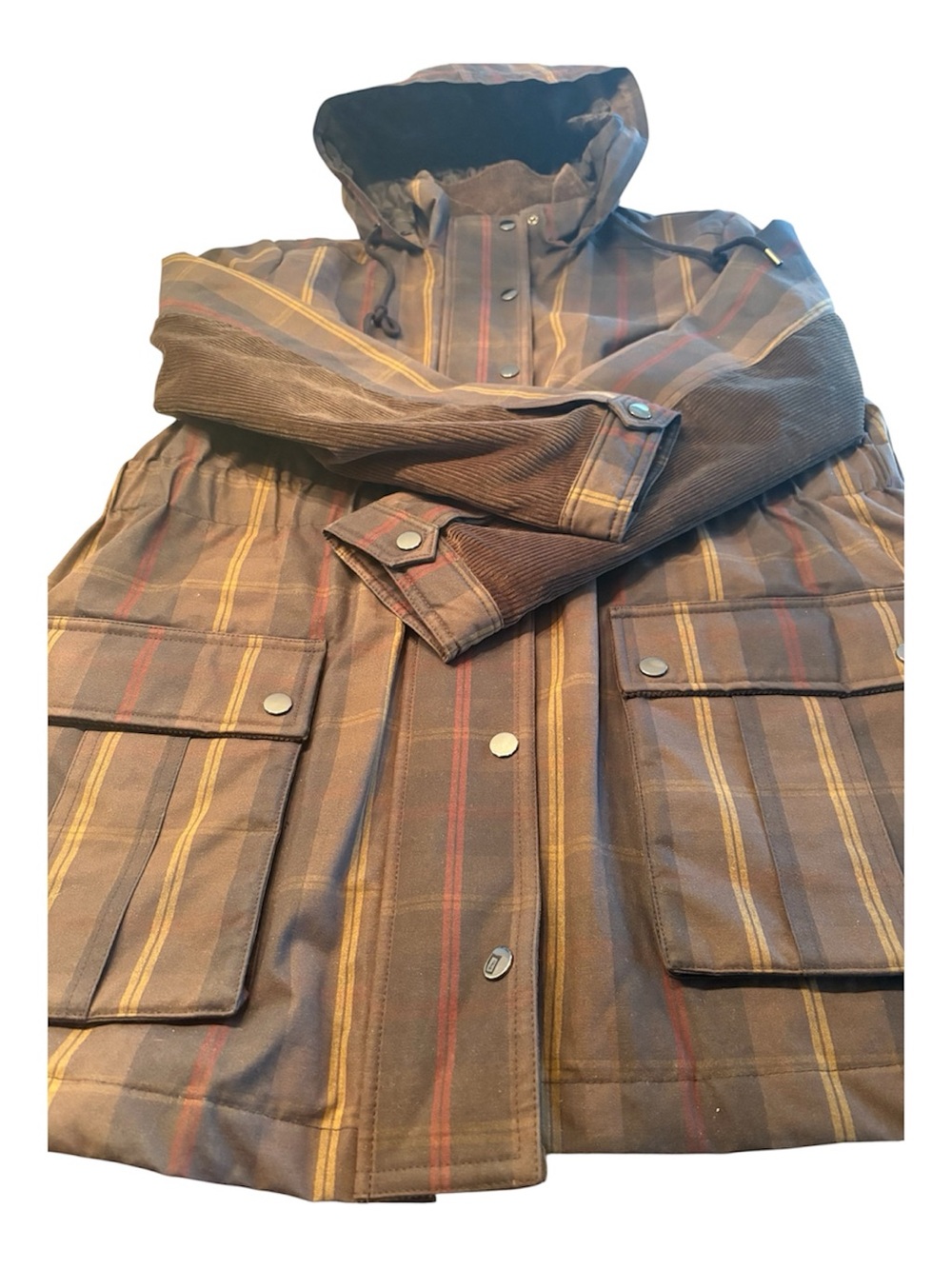 Women’s Joe Fresh Brown Plaid Hooded Raincoat with Red and Yellow Stripes